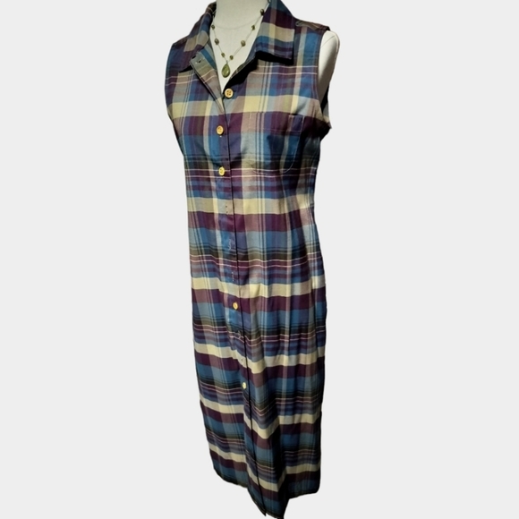 2465)Vtg 90's Expressions Multicolor Plaid Sleeveless Collar Shirt Dress Size 12 - Picture 2 of 8
